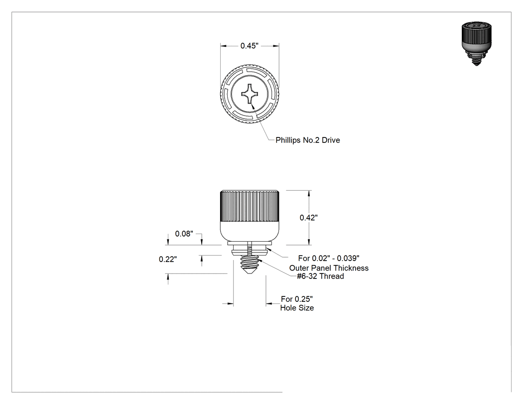 Teknik Çizim - Alüminyum başlı sabit panel vidası, Takılabilir, 6-32 Diş, 0.020"-0.039" Kalınlık için, 0.22" Uzunluk