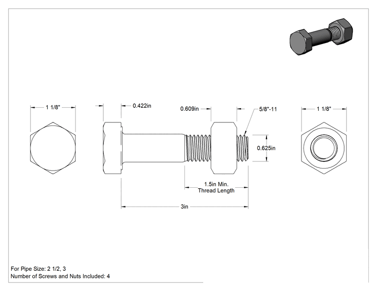 Teknik Çizim - Çelik Ağır Altıgen Vida ve Somun Kiti, Kaplamalı, 5/8"-11 Diş, 125/150 Sınıfı, 2-1/2 ve 3 Boru Boyutu