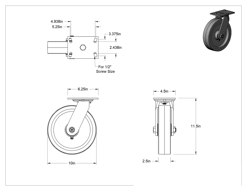 Teknik Çizim - 6-1/4" x 4-1/2" Plakalı Viking Tekerlek, Ekstra Yüksek Kapasiteli, Döner, 10" x 2-1/2" Poliüretan Tekerlek