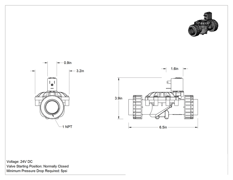 Teknik Çizim - İçme Suyu için Solenoid Açma/Kapama Valfi, 303 Paslanmaz Çelik, Siyah Ppe Plastik, 24V DC, 1 NPT Dişi