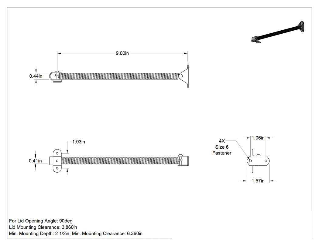 Teknik Çizim - Yaylı Kapak Desteği, 7/16" Çap, 9 inç Uzunluk