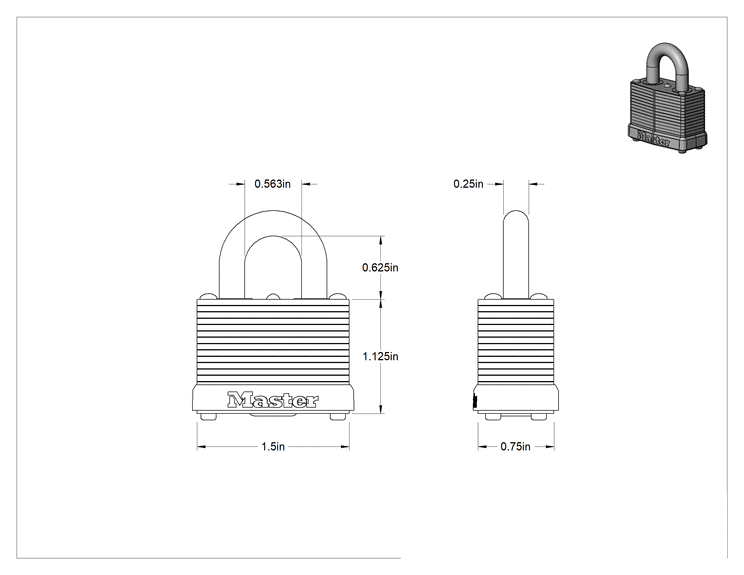 Teknik Çizim - Lamine Çelik Gövdeli Asma Kilit, Master Lock 22, 280 Numaralı Anahtara Uygun