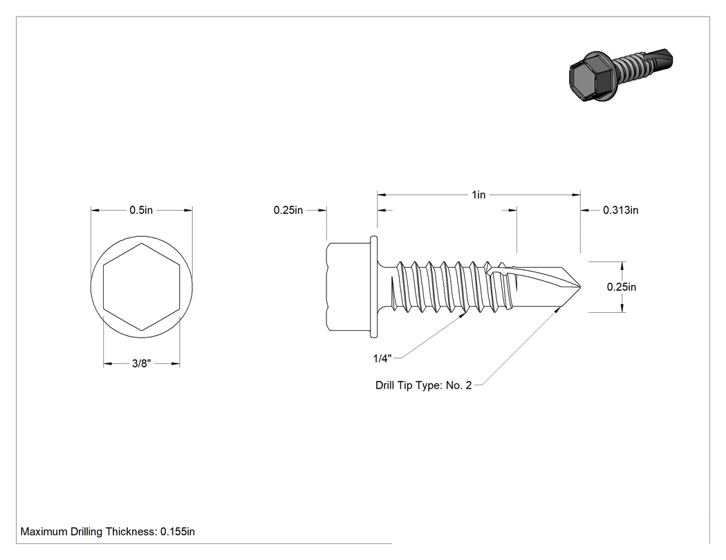 Teknik Çizim - 18-8 Paslanmaz Çelik Flanşlı Altıköşe Başlı Delme Vidaları, 1/4" Vida, 1" Uzunluk, 2 Numaralı Sertleştirilmiş Matkap Ucu