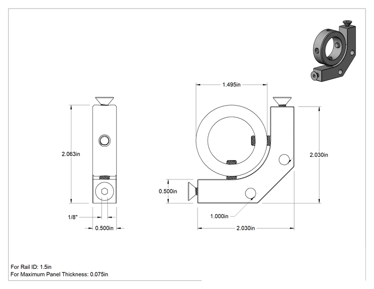 Teknik Çizim - 1-1/2" Ray İç Çapı için Panel Askısı Karbon Fiber Kaydırmalı Çerçeve