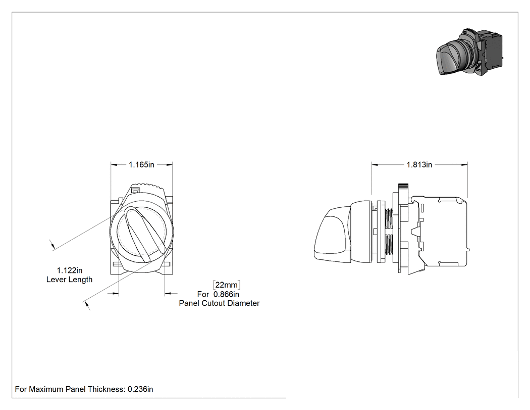 Teknik Çizim - Metal 22 mm Panel Montajlı Anahtar, Kırmızı Kol Aktüatörlü, Aydınlatmalı, 2 Konum