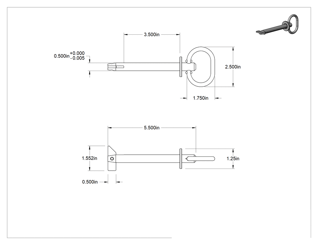 Teknik Çizim - Toggle'lı Çatal Pimi, Döngü Tutamak, 18-8 Paslanmaz Çelik, 1/2" Çap, 3-1/2" Kullanılabilir Uzunluk