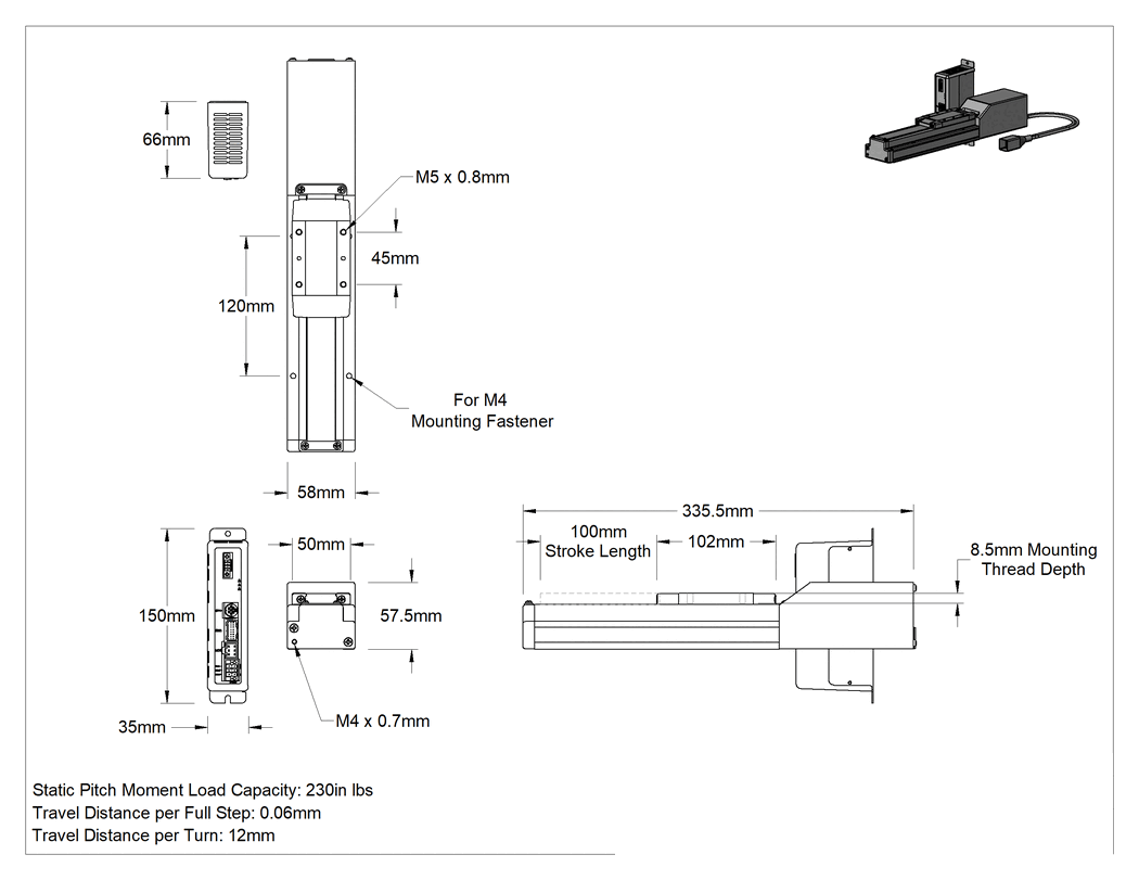 Teknik Çizim - Düşük Sıcaklık Elektrikli Konumlandırma Kayanı, 100 mm Strok Uzunluğu
