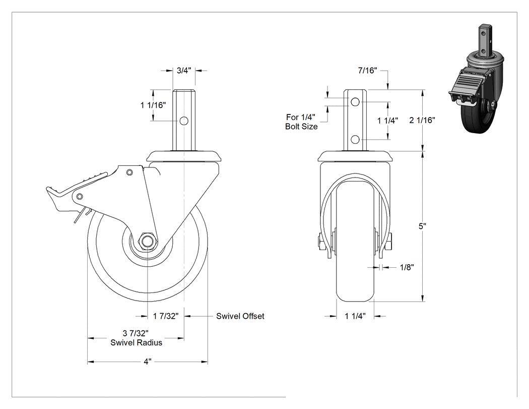 Teknik Çizim - Montaj Delikleri ve Kare Saplı Tekerlek, Total Lock özellikli ve gri 4 inç çapında lastik tekerlekli döner ayak