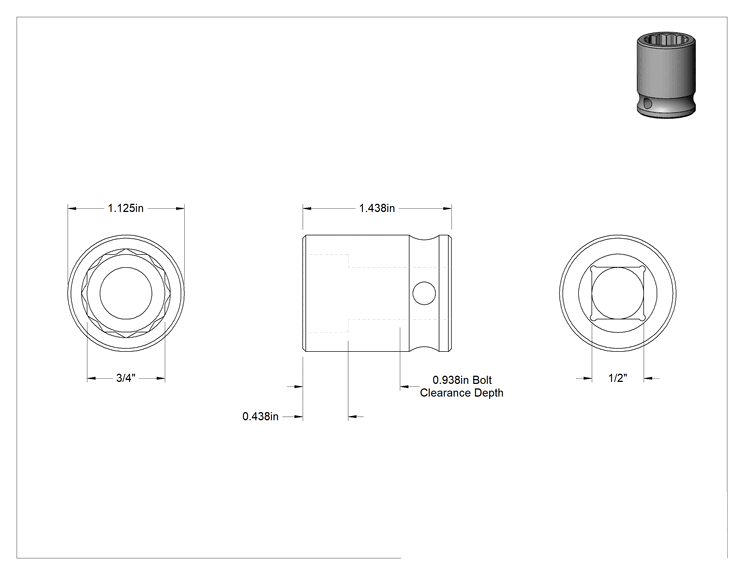 Teknik Çizim - Kıvılcım Çıkarmayan 12 Uçlu Darbeli Lokma Anahtarı, 1/2" Kare Tahrik, 3/4" Boyut, 1-7/16" Toplam Uzunluk