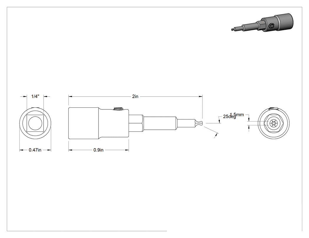 Teknik Çizim - Bilyalı Uçlu Altıgen Uç Soketi, 1/4" Kare Tahrik, 1.5 mm Tahrik Boyutu