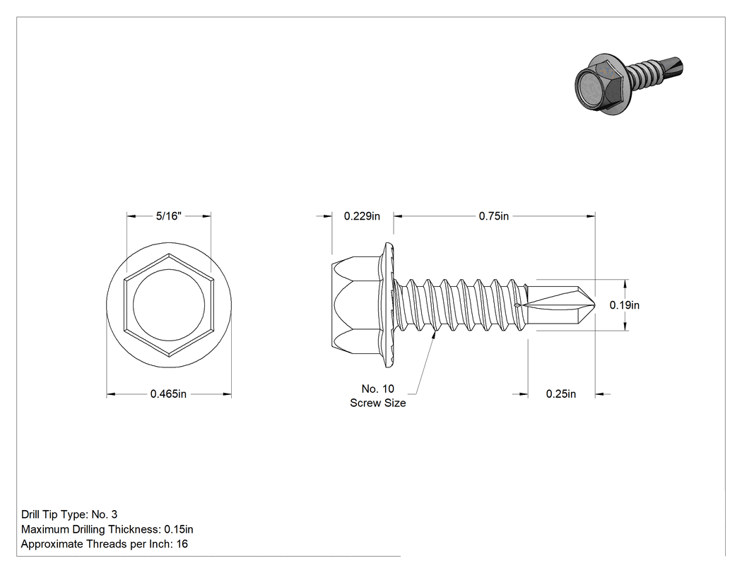 Teknik Çizim - Metal için Sıyırmaya Dayanıklı Delme Vidaları, Standart Başlık, Çinko Kaplı Çelik, 10 Numaralı Boyut, 3/4" Uzunluk