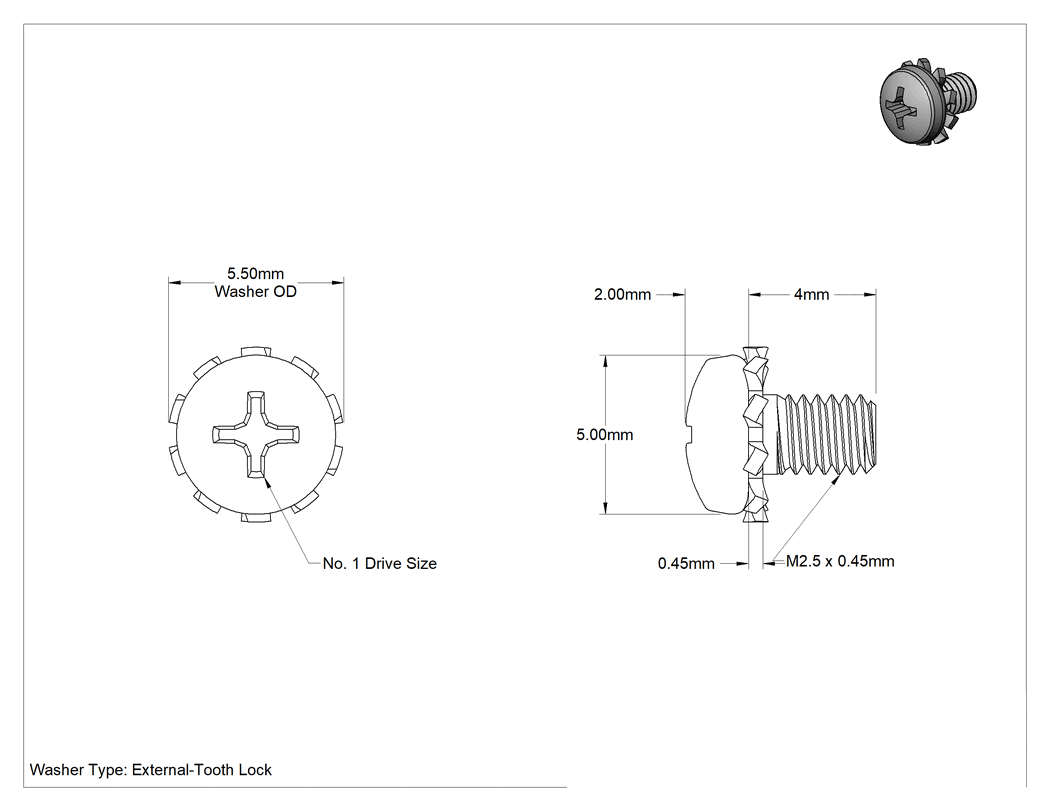 Teknik Çizim - Paslanmaz Çelik Silindir Başlı Vidalar, Dış Dişli Pullu, M2.5 x 0.45 mm Diş, 4 mm Uzunluk