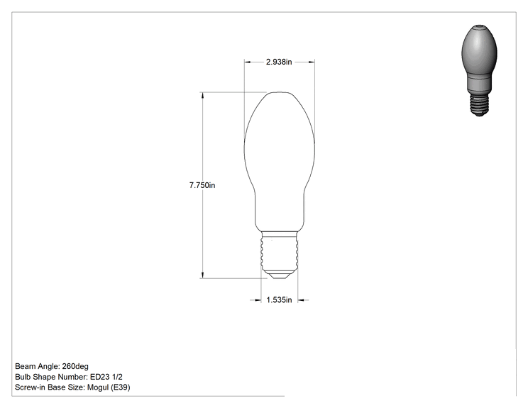Teknik Çizim - Yüksek Basınçlı Sodyum Ampul, Koni, E39 Mogul, 150W, 16000 lümen
