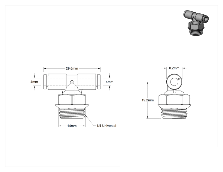 Teknik Çizim - Evrensel Dişli Bas-Bağlan Tüp Bağlantı Parçası, Hat Üstü T, 4 mm Boru Dış Çapı x 1/4 Erkek Boru Boyutu için
