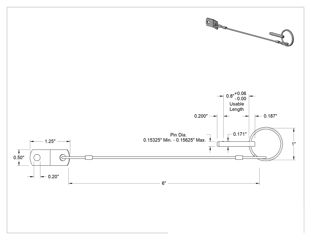 Teknik Çizim - 18-8 Paslanmaz Çelik Halka Saplı Hızlı Açma Pimi, Kordonlu, 5/32" Çap, 13/16" Kullanılabilir Uzunluk