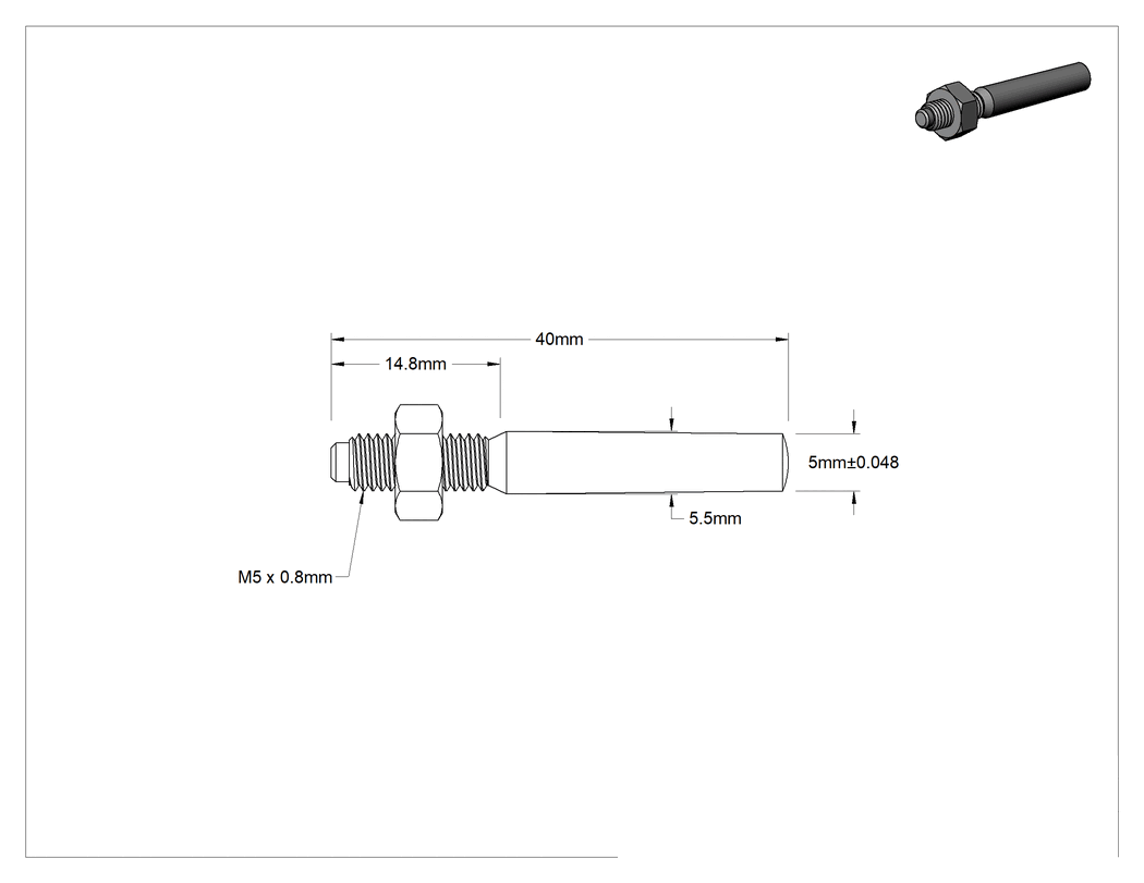 Teknik Çizim - 303 Paslanmaz Çelik Konik Pim, 5 mm Küçük Uç Çapı, 40 mm Uzunluk