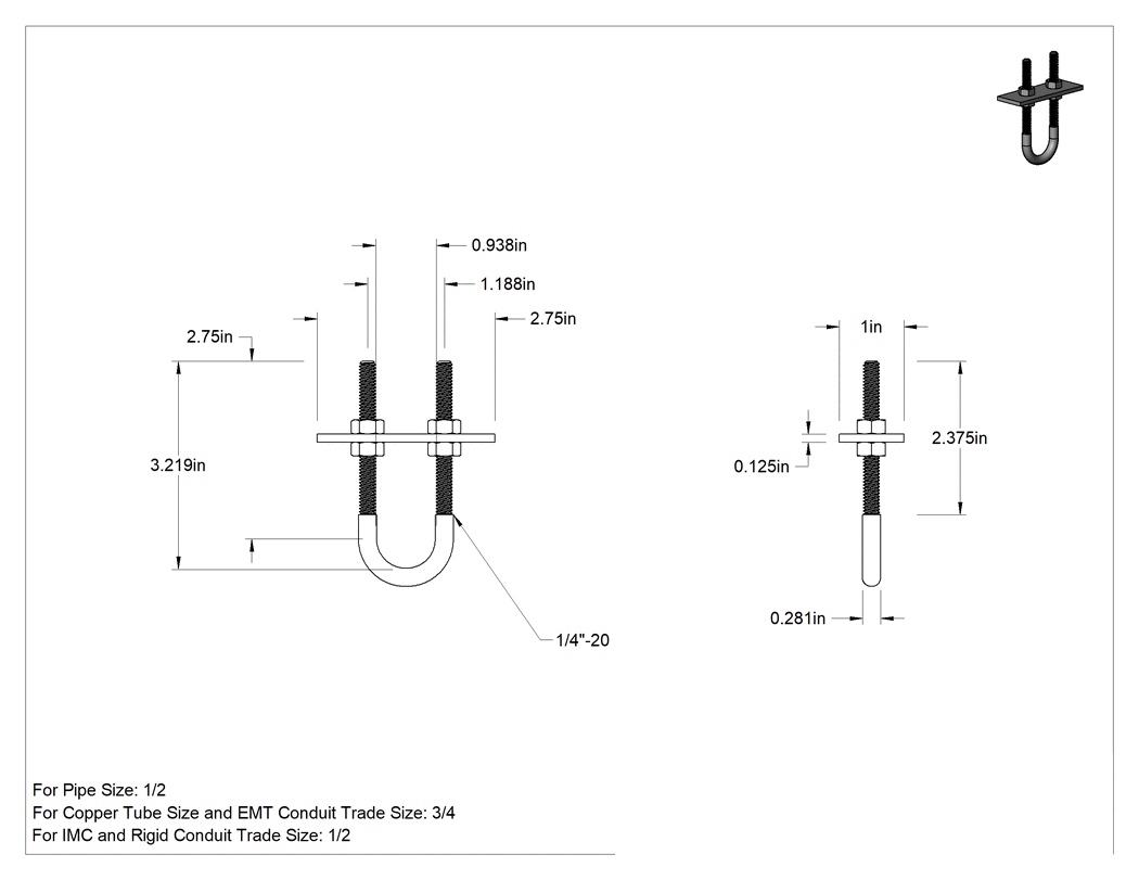 Teknik Çizim - Lastik Yastıklı U-Cıvata, Galvanizli Çelik, 1/4"-20 Diş Boyutu, 15/16" İç Çap