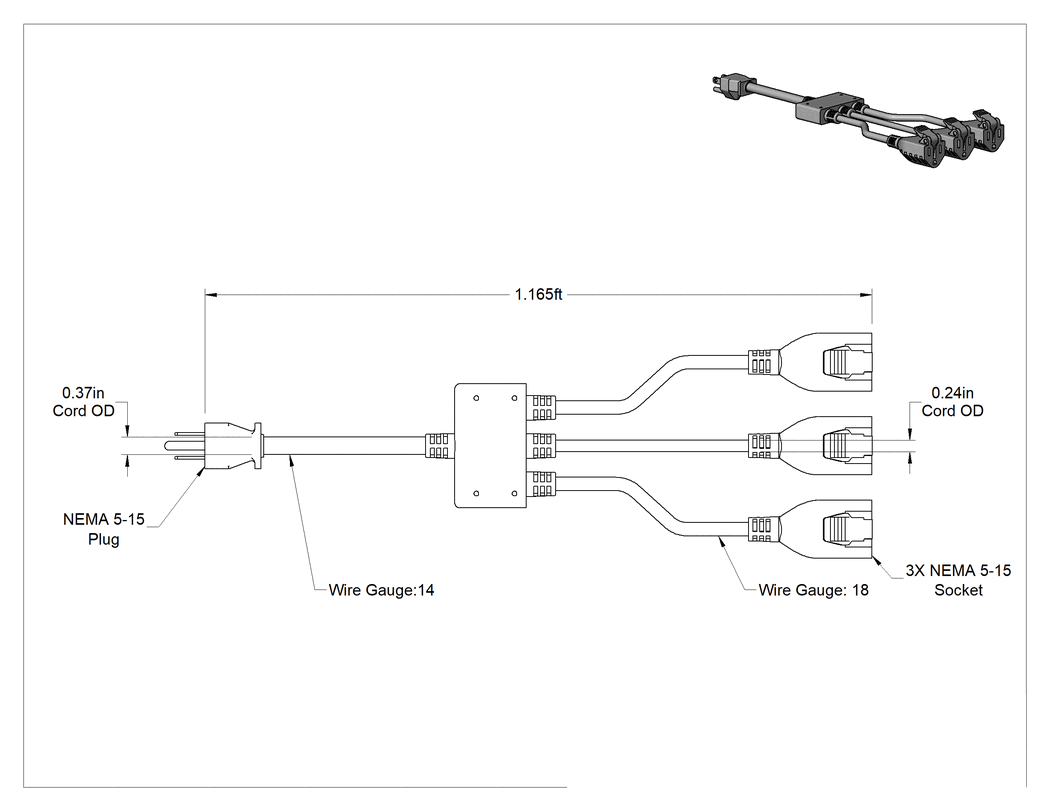 Teknik Çizim - Elektrik Kablosu Adaptörü, 3 Çıkışlı, NEMA 5-15 Fiş x NEMA 5-15 Priz