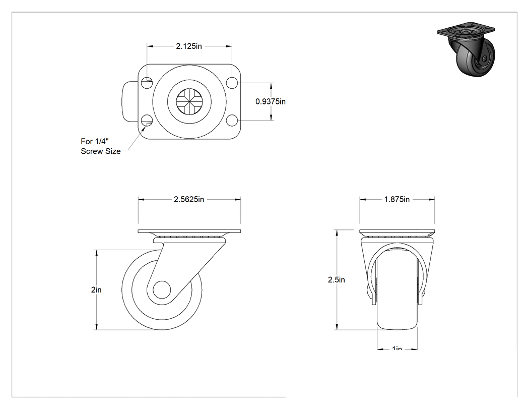 Teknik Çizim - Cart-Smart Tekerlek, 2" Çapında 60D Durometre Polipropilen Tekerlekli Döner Tekerlek