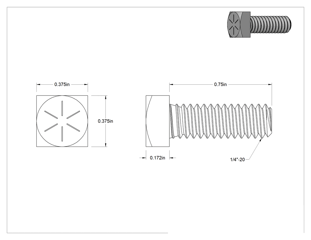 Teknik Çizim - Yüksek Mukavemetli SAE Sınıf 8 Çelik Kare Başlı Vida, 1/4"-20 Diş Boyutu, 3/4" Uzunluk