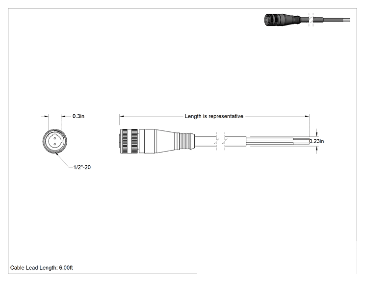 Teknik Çizim - Mikro M12 Sinyal/Güç Konektörü, Düz Soket, 2 Kutup, 2 Kama Kanalı, 6' Uzunlukta Kablo