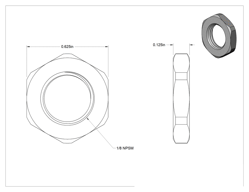 Teknik Çizim - Altıgen Panel Somunu, Çinko Kaplı Çelik, 1/8 NPSM, 1/8" Yükseklik