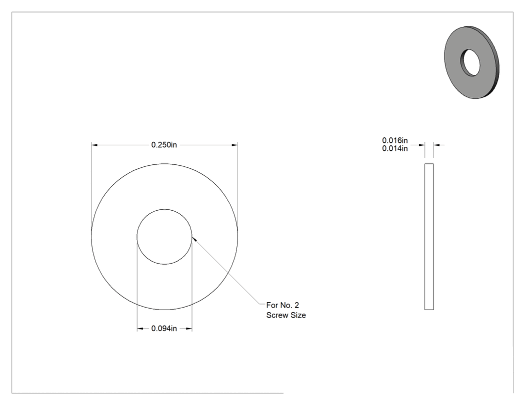 Teknik Çizim - Sert Fiber Pullar, 2 Numaralı Vida için, 0.094" İç Çap, 0.250" Dış Çap, 0.014"-0.016" Kalınlık