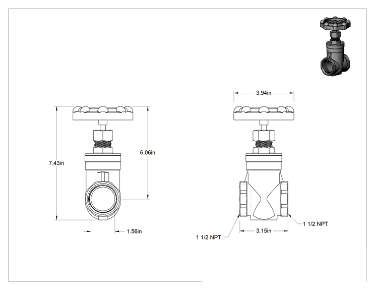 Teknik Çizim - 316 Paslanmaz Çelik Gövde ve Sürgülü Kademeli Açma/Kapama Vanası, Tekerlek Kolu ve Yükselmeyen Mil, 1-1/2 NPT Dişi