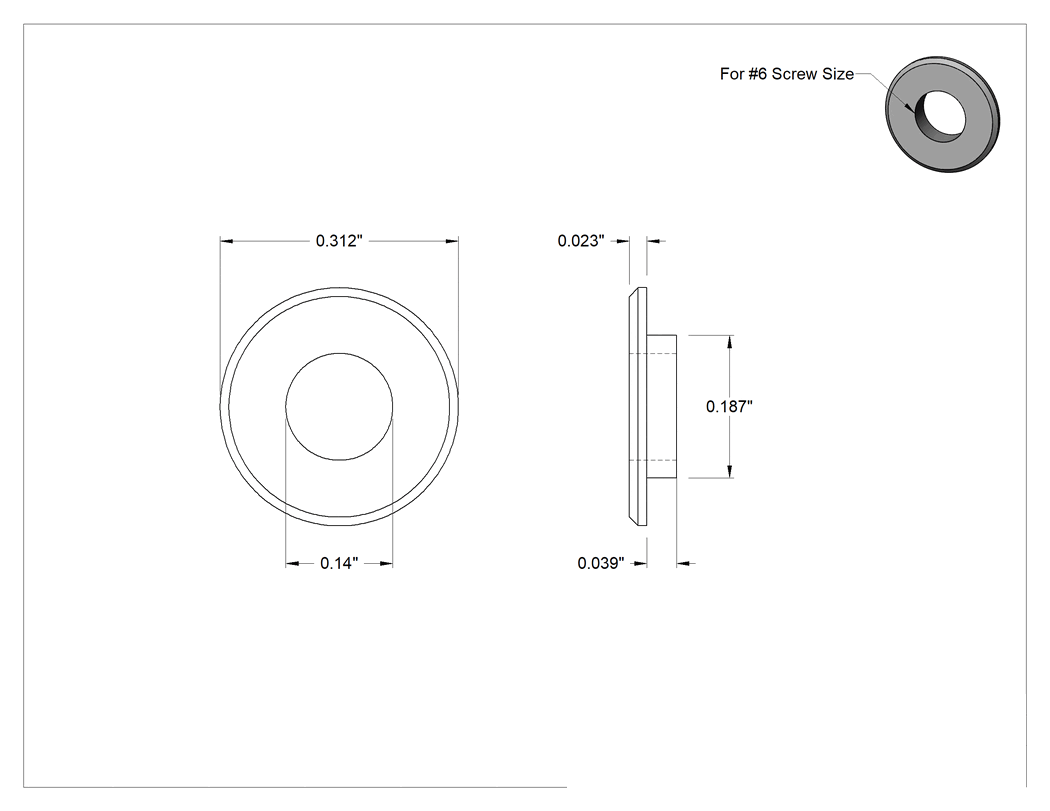 Teknik Çizim - PTFE Düz Kenarlı Yalıtım Manşon Pulları, 6 numaralı vida boyutu için, 0.140" İç Çap, 0.312" Dış Çap