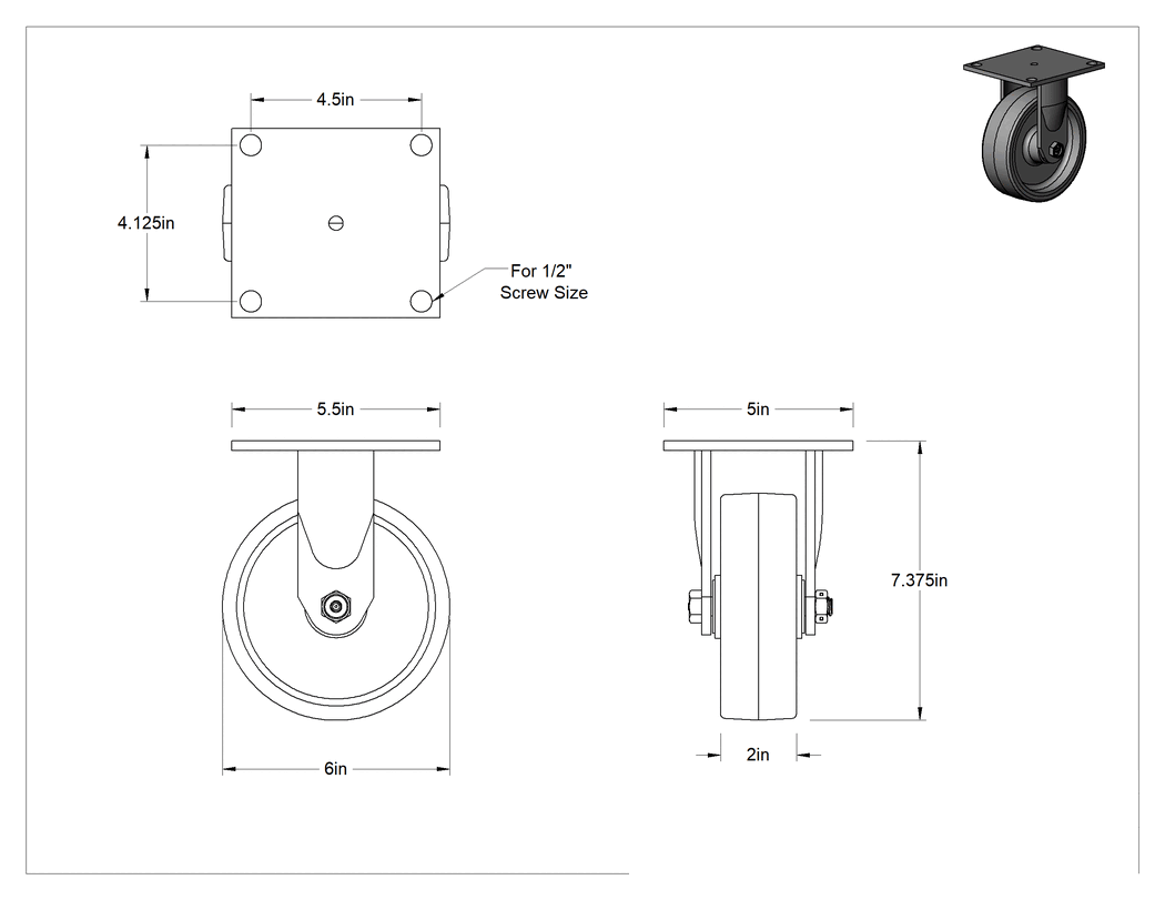Teknik Çizim - 5-1/2" x 5" Plakalı Yüksek Kapasiteli Spartan Tekerlek, 6 inç Çapında 60D Sertlik Poliüretan Tekerlekli Sert