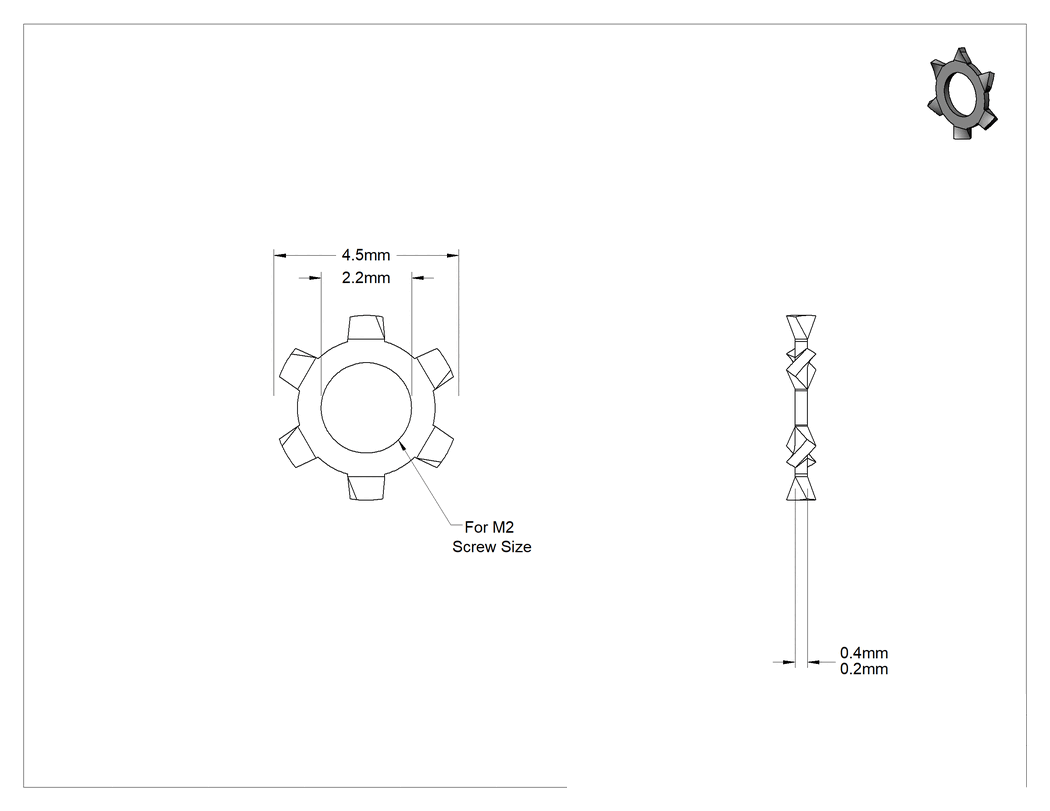 Teknik Çizim - 18-8 Paslanmaz Çelik Dış Dişli Kilit Pulları, M2 Vida Boyutu için, 2.2 mm İç Çap, 4.5 mm Dış Çap, DIN 6797
