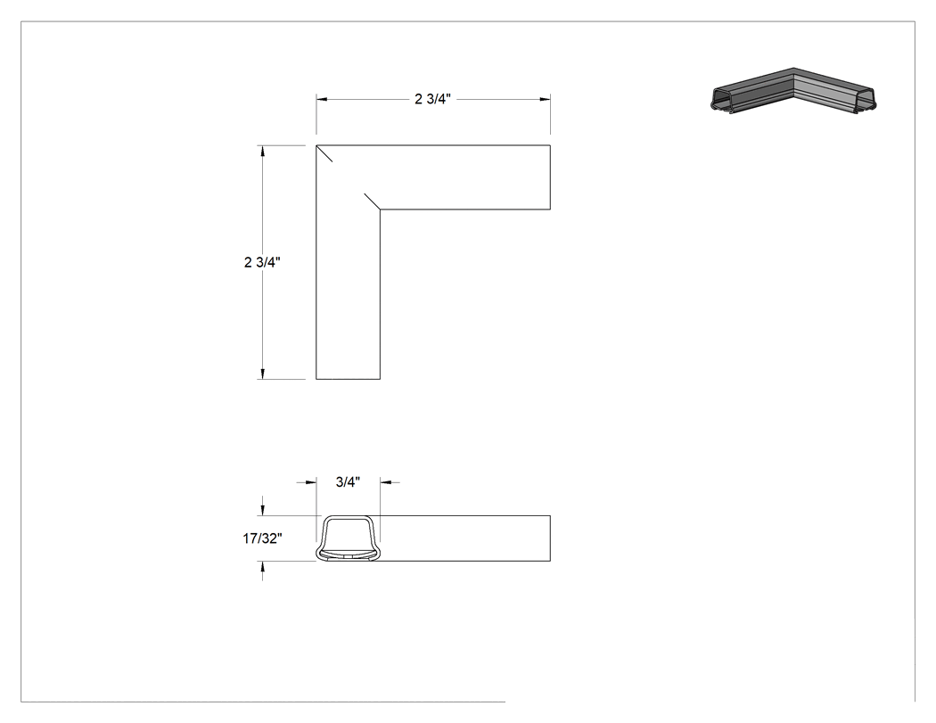 Teknik Çizim - 3/4" Genişlik x 17/32" Derinlik Düşük Profilli Kanal için 90 Derece Dirsek