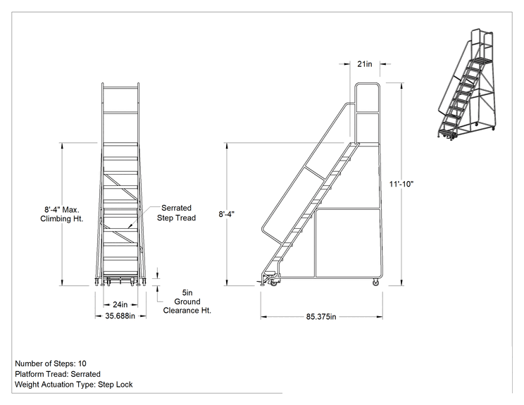 Teknik Çizim - Hafif Alüminyum Tekerlekli Platform Merdiveni, Tırtıklı Basamaklar, 11'10" Yükseklik x 36" Genişlik x 86" Derinlik Toplam