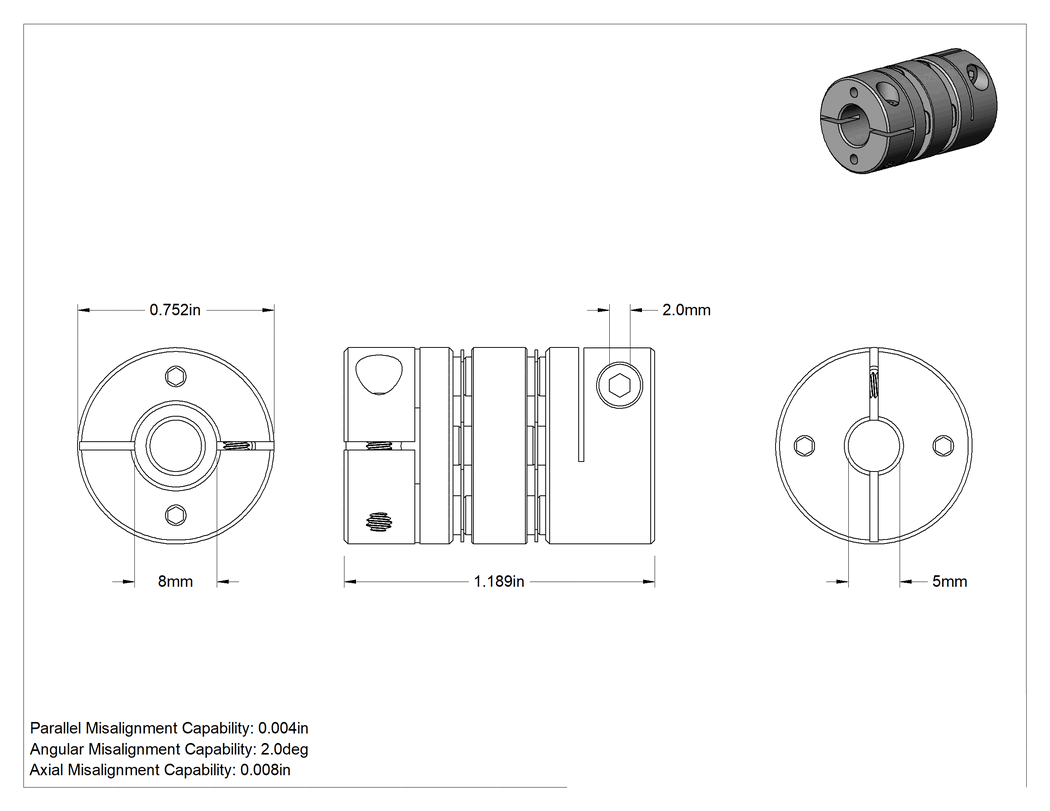 Teknik Çizim - Servomotor Hassas Esnek Mil Kaplini, Elektriksel İzolasyon, 8 mm x 5 mm Mil Çapı için