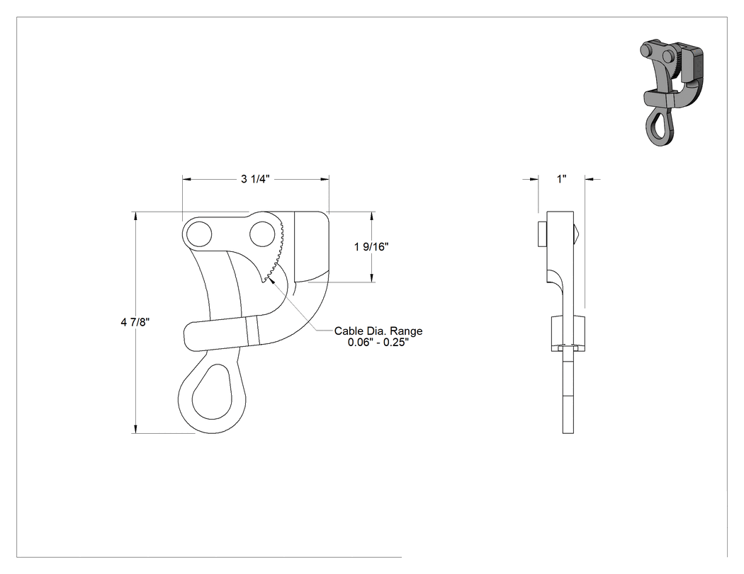 Teknik Çizim - Tel ve Kablo Çekme Kelepçesi, Tırtıklı Çeneli, 0.06" ila 0.25" Dış Çaplı Kablo için