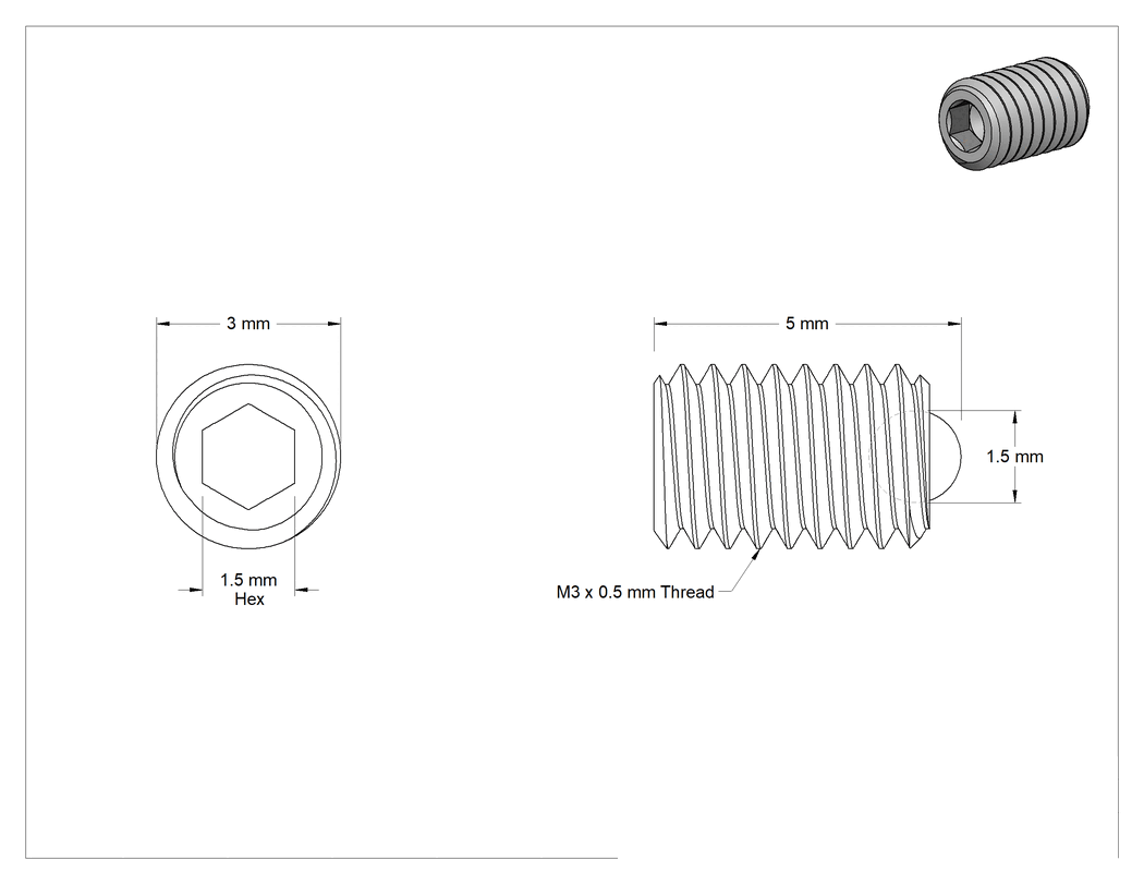Teknik Çizim - Alaşımlı Çelik Top Uçlu Setskur, M3 x 0.5 mm, 5 mm Uzunluk
