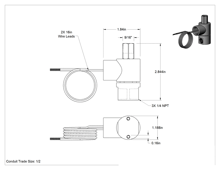 Teknik Çizim - Elektrikli Hava Yön Kontrol Vanası, Açık/Kapalı, Tek Solenoid, 1/4 NPT, 24V DC