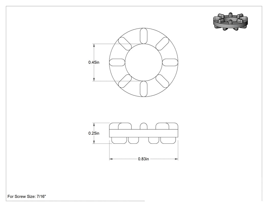 Teknik Çizim - Siyah Neopren Titreşim Sönümleyici Pullar, 0.45" İç Çap, 0.83" Dış Çap, 4 lbs. Montaj Başına Kapasite