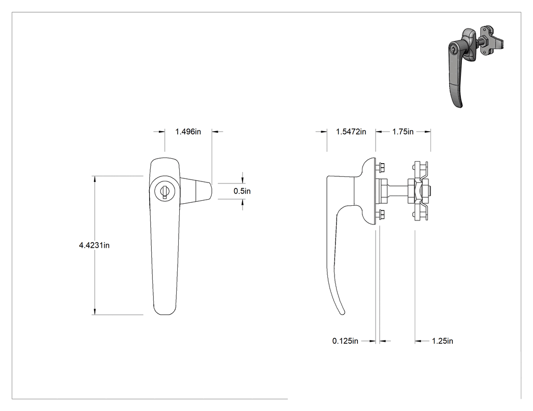Teknik Çizim - L Saplı Anahtarlı Çok Noktalı Kilit, 5/8" ila 1-1/4" Kilitleme Mesafesi, Saat Yönünde Açılır