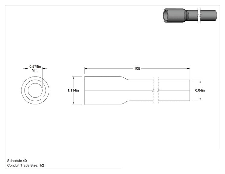 Teknik Çizim - Sert PVC Kanal, 1/2 Anma Ölçüsü, 10 Fit Uzunluk