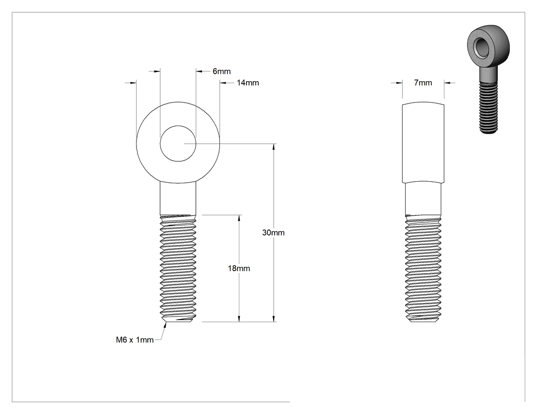 Teknik Çizim - Sağ Yönlü Kısmen Gijon Ucu Cıvatası, 304 Paslanmaz Çelik, M6 x 1 mm Diş, 30 mm Şaft Merkez Uzunluğu