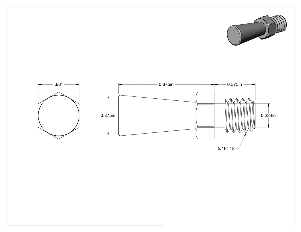 Teknik Çizim - Çelik Konik Tutamak, 5/16"-18 Dişli Saplamalı