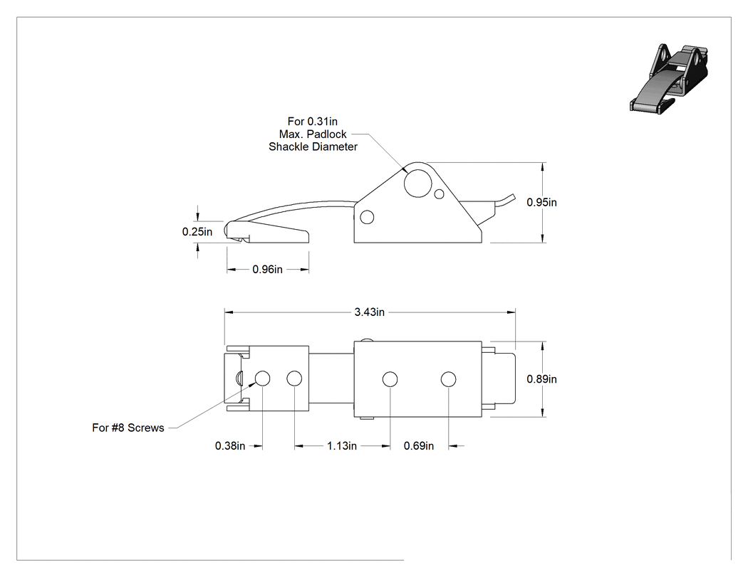 Teknik Çizim - Çekme Mandalı, Kare Karşılıklı, Çinko Kaplı Çelik, 3-3/8" Uzunluk x 15/16" Genişlik