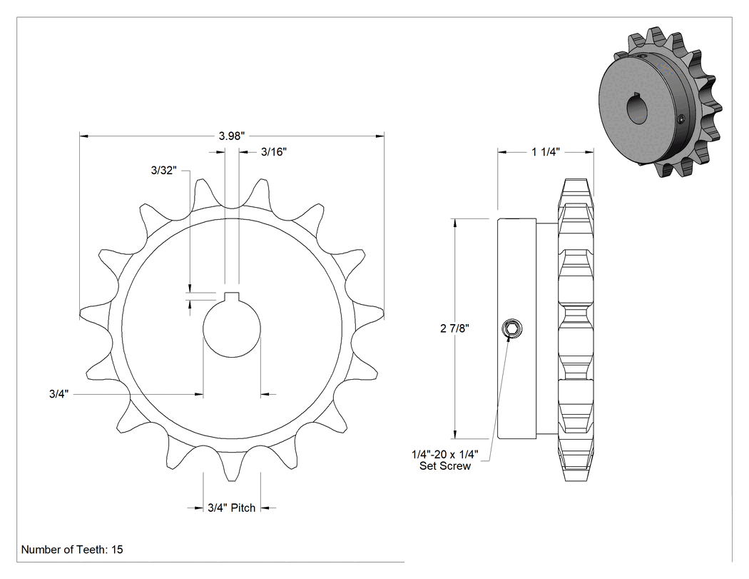 Teknik Çizim - Çelik Tek Sıralı Dişli, ANSI 60 Makaralı Zincir ve 3/4" Mil Çapı için, 15 Diş