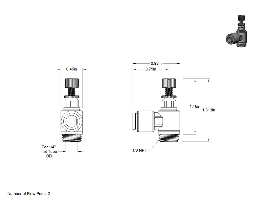 Teknik Çizim - Hassas Ayarlı Dirsek Hava Akış Kontrol Vanası, Naylon, 1/4" Boru Dış Çapı x 1/8 NPT Erkek