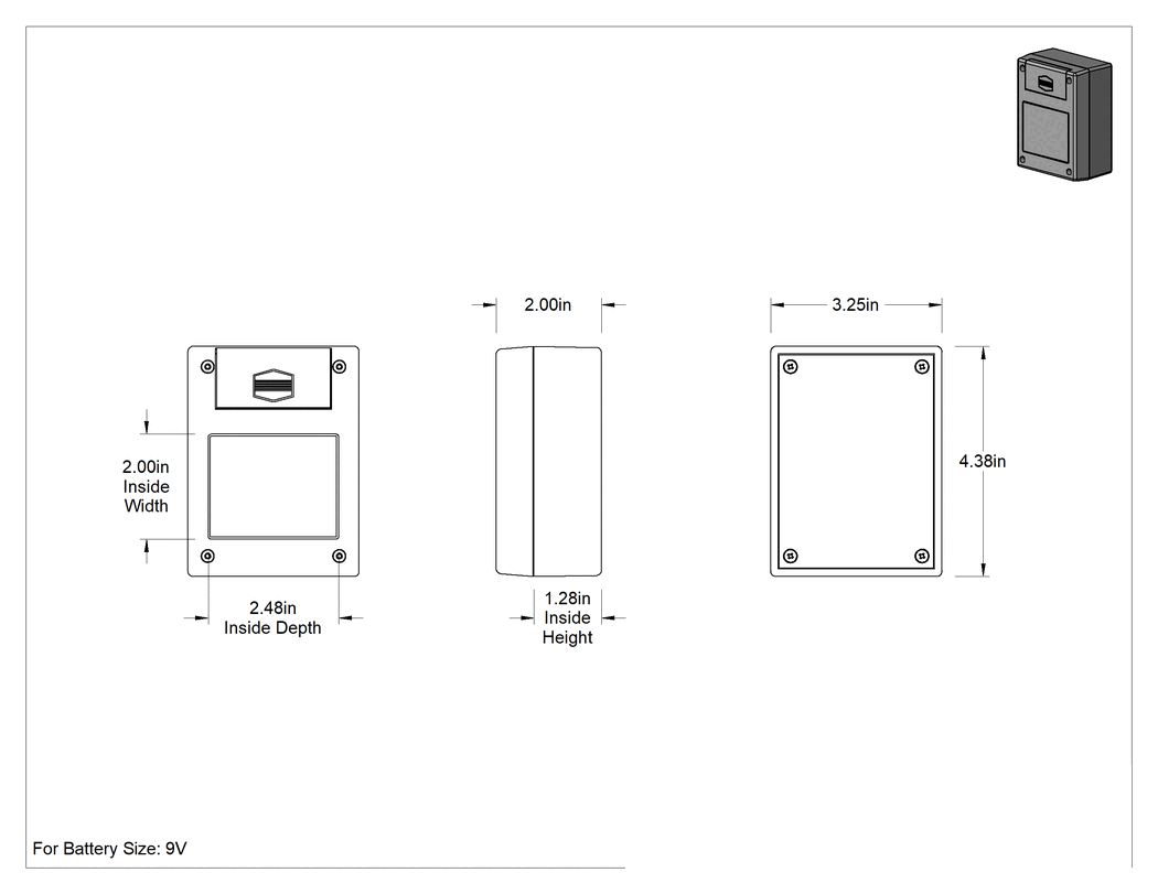 Teknik Çizim - Pil Bölmeli Elektronik Muhafaza, Şeffaf Önden Görünüm, 3-1/4" Genişlik x 4-1/2" Yükseklik x 2" Derinlik
