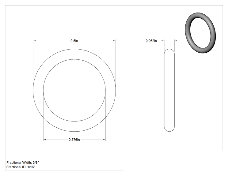 Teknik Çizim - Yağa Dayanıklı Aşırı Basınçlı Paslanmaz Çelik O-Ring, 3/8 Fraksiyonel İç Çap, 0.376" Gerçek İç Çap