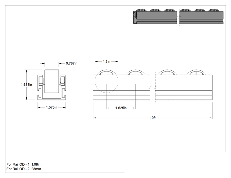 Teknik Çizim - Kelepçeli Çerçeve Rayı için 1-9/16" Toplam Genişlik x 10 Fit Uzunlukta Konveyör Rayı