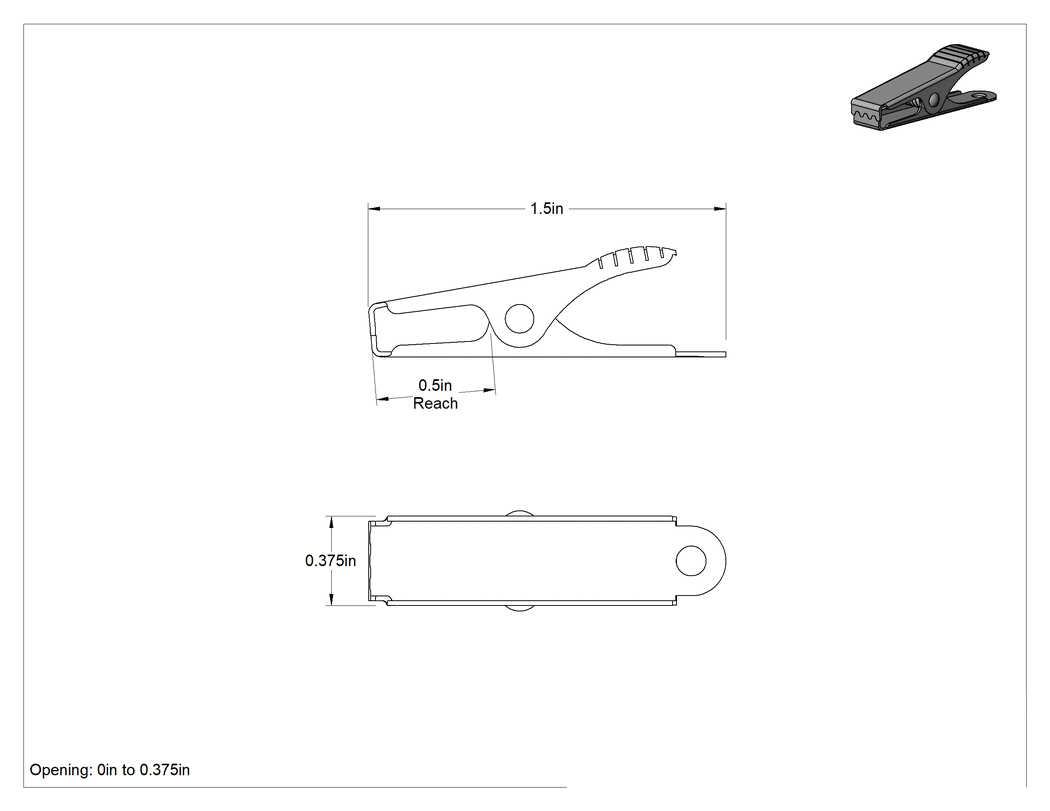 Teknik Çizim - Minyatür Yaylı Kelepçe, 18-8 Paslanmaz Çelik, Düz Tutamak, 3/8" Maksimum Açıklık