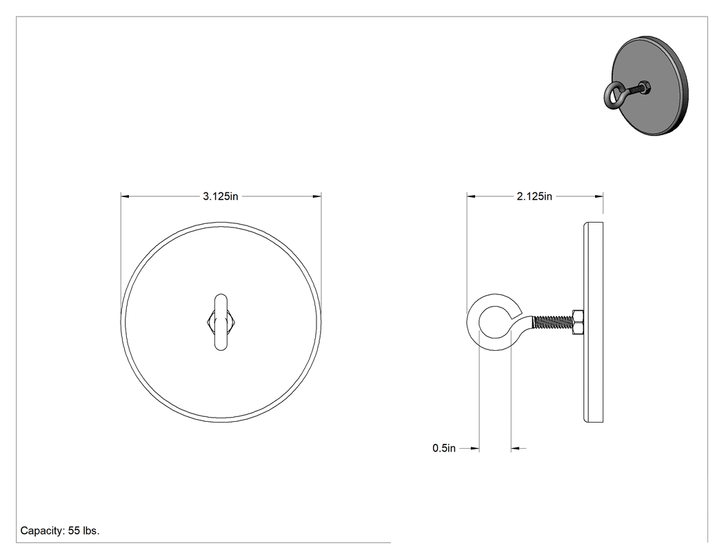 Teknik Çizim - Manyetik Arka Asma Tutucu, 1/2" parça çapı için, 3-1/8" Genişlik x 3-1/8" Yükseklik
